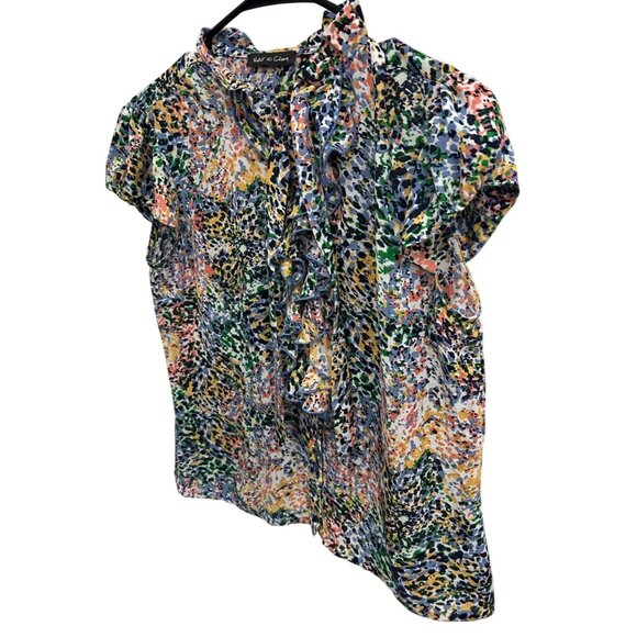 Violet & Claire Ruffle Front Multicolor Abstract Print Blouse Short Sleeve Top - Picture 3 of 11